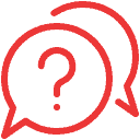 Red icon of two overlapping speech bubbles, one with a question mark, highlighting user inquiry for innovative UI/UX design.