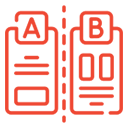 Red icon comparing two distinct webpage layouts, A and B, for data-driven A/B testing in conversion rate optimisation.