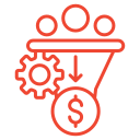 Red icon of a conversion funnel: visitors enter, a gear optimizes the process, yielding a dollar sign for sales.