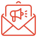 Red icon of an open envelope with a megaphone broadcasting a message, symbolizing email marketing campaigns.