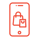 Red outline icon of a smartphone displaying two shopping bags, symbolizing increased online sales through Google Ads.