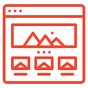 Red web browser icon showing a main webpage design with three smaller layout variations for A/B testing.