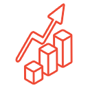 Red outline icon of a bar graph with an upward arrow, symbolizing business growth and increased ROI from Google Ads.