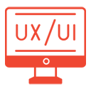 Red computer monitor icon with 'UX/UI' on screen, signifying user experience and interface design for web development.