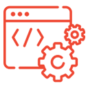 Red outline icon: browser window with code tags and gears, signifying expert website design and development services.