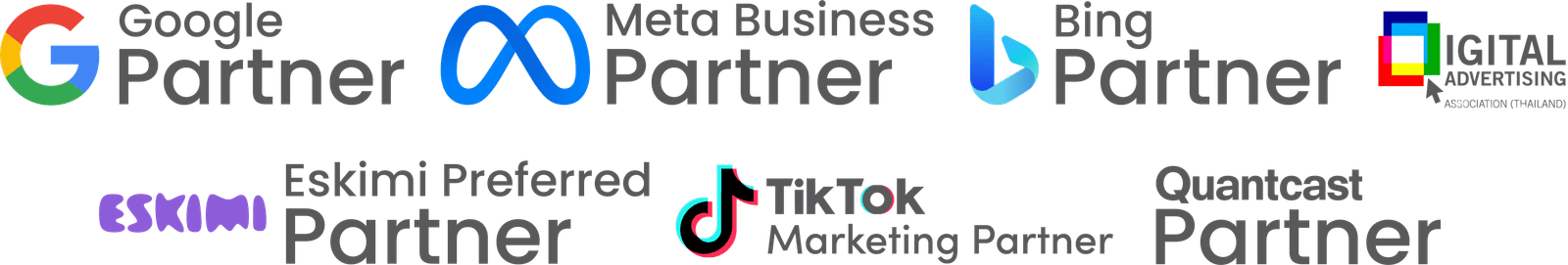 Certified partner logos: Google, Meta, Bing, Eskimi, TikTok, Quantcast, and DAA Thailand, showcasing our web and SEO expertise.
