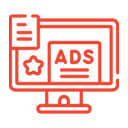 Red outline icon: Monitor with "ADS" and a star, plus a document, representing Google Ads campaign setup and reporting.