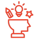 Red icon: head with lightbulb, pencil, and star, representing the creative strategy of a LinkedIn Ads agency.