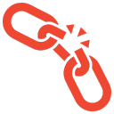Red broken chain icon, symbolizing website security breaches, critical failures, or downtime without proper maintenance.