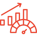 Red icon: growing bar chart with an upward arrow and a speedometer, symbolizing website performance and speed optimization.