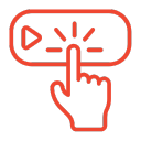 Red icon of a hand clicking a button with a play symbol, emphasizing user interaction and conversions for landing page testing.