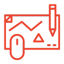 Icon: screen with graph, mouse, and pencil, symbolizing landing page design, data analysis, and A/B testing refinement.