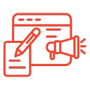 Red icon: browser window, document with pencil, and megaphone, symbolizing landing page A/B testing and content optimization.