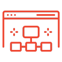 Browser window icon with a flowchart showing one main page element splitting into three test variations for A/B testing.
