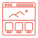 Outline icon of a landing page browser window showing a hero image and three content blocks for A/B testing services.