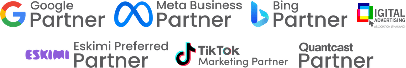 Certified partner logos: Google, Meta, Bing, Eskimi, TikTok, Quantcast, and DAA Thailand, showcasing our web and SEO expertise.