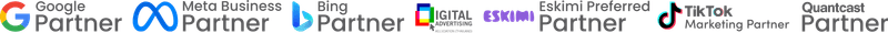 Official partner badges for Google, Meta, Bing, IAB, Eskimi, TikTok, and Quanteast, highlighting our web development and digital marketing expertise.