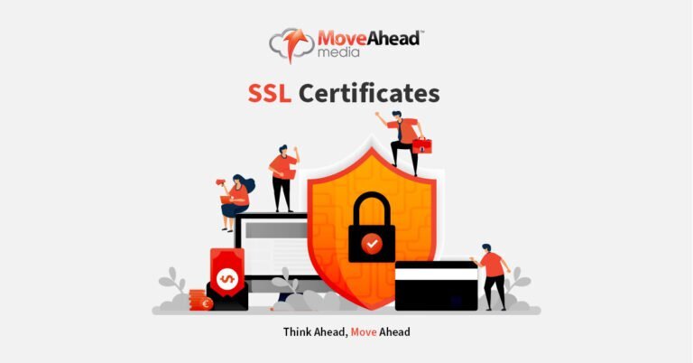 Illustration of a shield with a padlock representing SSL Certificates, protecting a computer, money, and credit card from cyber threats.