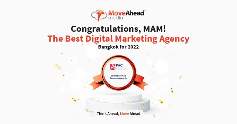 Move Ahead Media wins Best Digital Marketing Agency Bangkok 2022, proudly displaying the PAC Insider award.