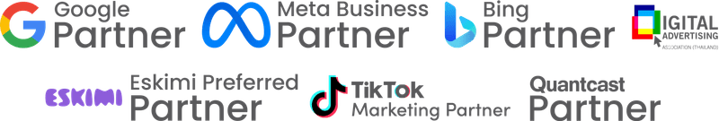 Certified partner logos: Google, Meta, Bing, Eskimi, TikTok, Quantcast, and DAA Thailand, showcasing our web and SEO expertise.