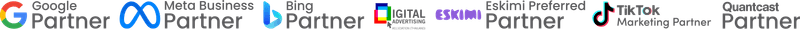 Official partner badges for Google, Meta, Bing, IAB, Eskimi, TikTok, and Quanteast, highlighting our web development and digital marketing expertise.