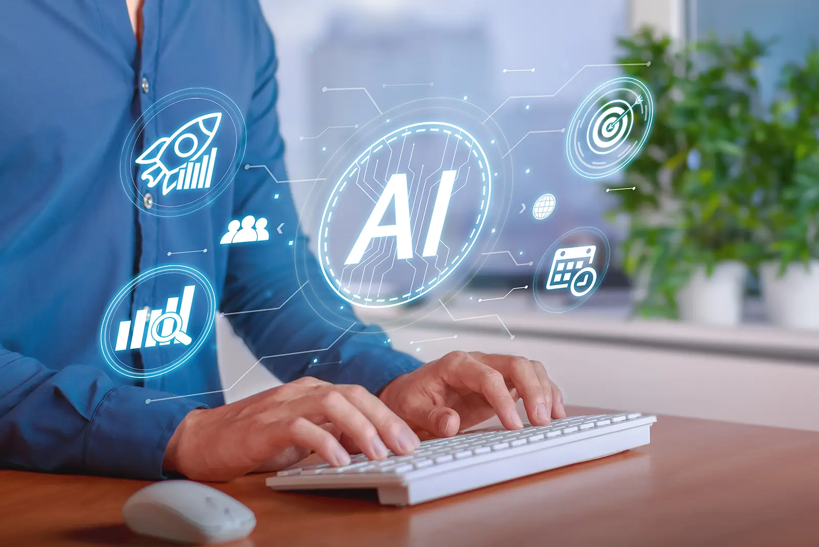 Hands typing, with glowing AI, rocket, and analytics icons, symbolizing generative engine optimization for Google AI.