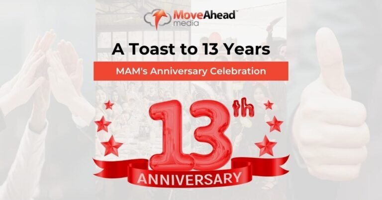 Move Ahead Media celebrates 13 years! Red foil '13th' balloons, stars, and a blurred background of a cheering crowd.