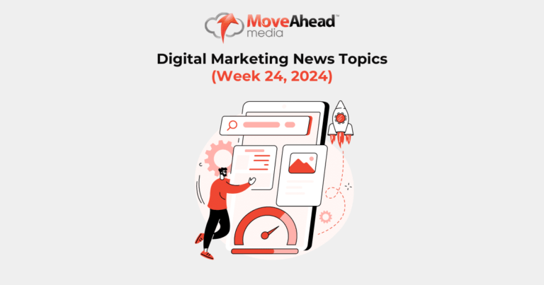 MoveAhead Media digital marketing news banner: person optimizing content on phone for high search ranking, speed, and growth.