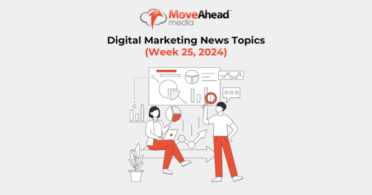 Marketers analyze digital marketing news, conversion metrics, and trends using laptops, charts, and a magnifying glass.