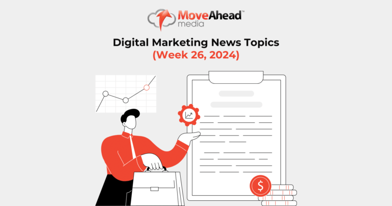 Illustration: Professional presenting a report with digital marketing trends, data analysis, and financial insights for Week 26.
