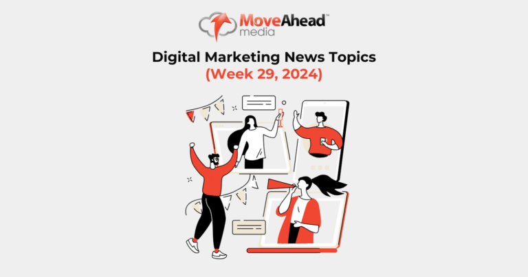 Illustration: people celebrating and announcing digital marketing news for Week 29, 2024, across various digital screens.