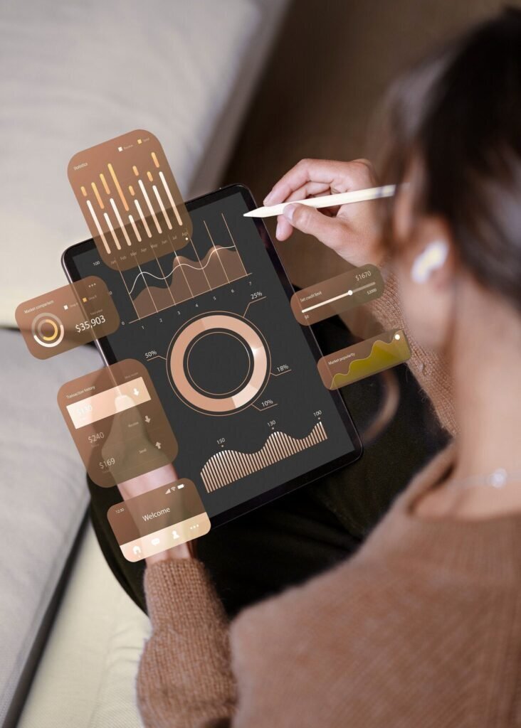 Person analyzing conversion data on a tablet with floating dashboards, key for Google remarketing campaigns.