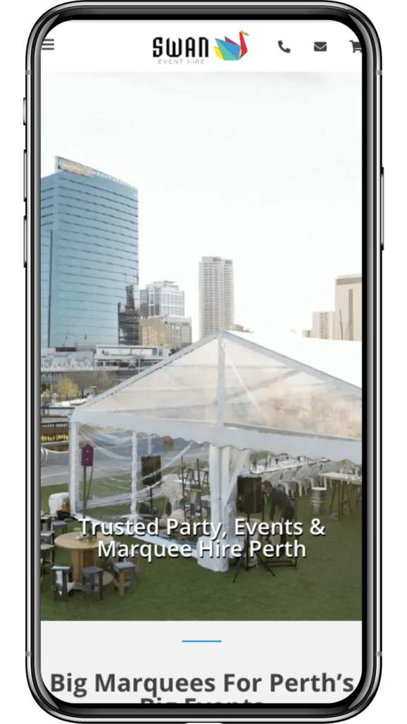 Swan Event Hire's mobile website: clear marquee tent with Perth skyline. Visual proof of SEO traffic increase results.