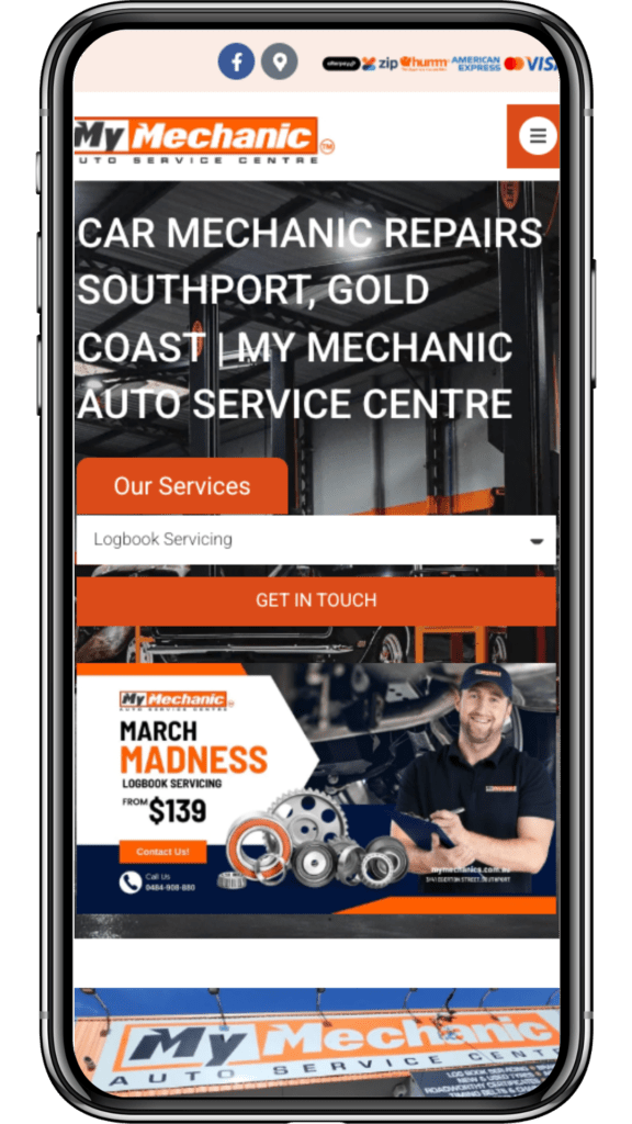 My Mechanic mobile site with a 'March Madness' service promotion, a successful digital marketing lead generation example.