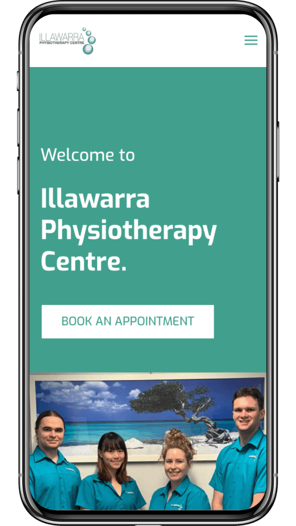 Smartphone displaying Illawarra Physiotherapy Centre's mobile website with a "Book an Appointment" button and smiling staff, illustrating successful user engagement.