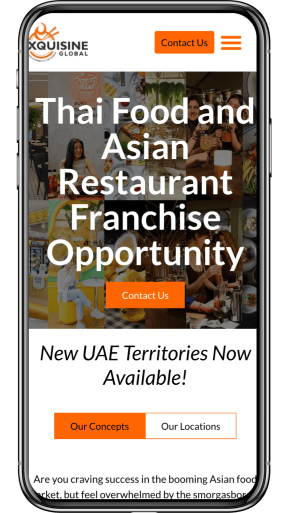 Smartphone showing XQUISINE GLOBAL's engaging Thai & Asian restaurant franchise webpage, a successful client case study.