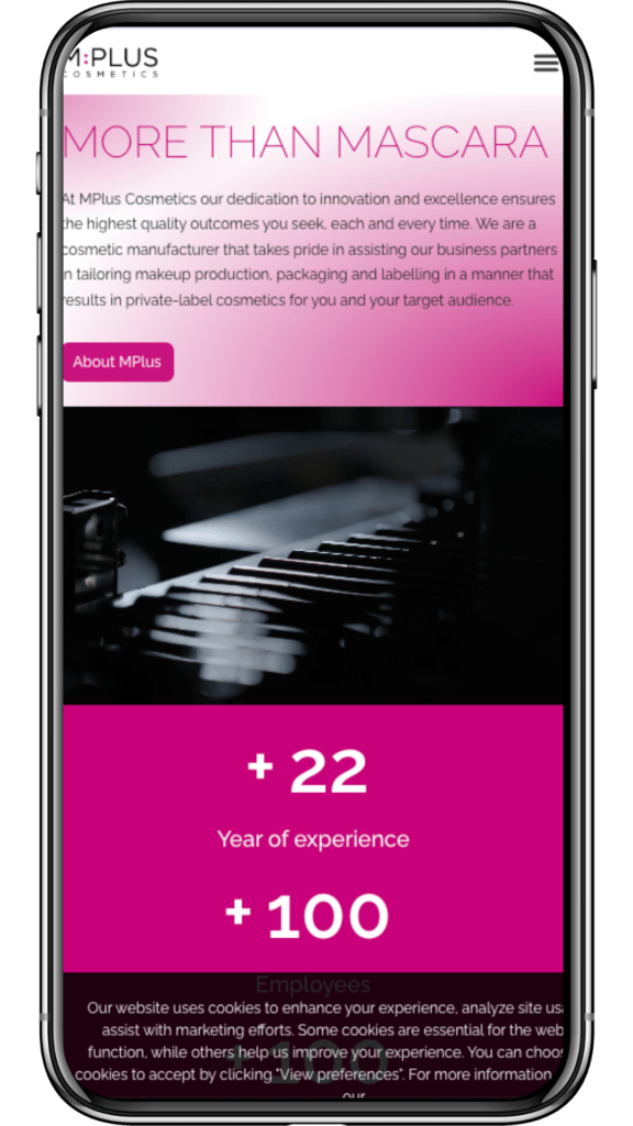Mobile view of M:PLUS COSMETICS, a successful engagement case study, featuring brand, manufacturing details, and company stats.