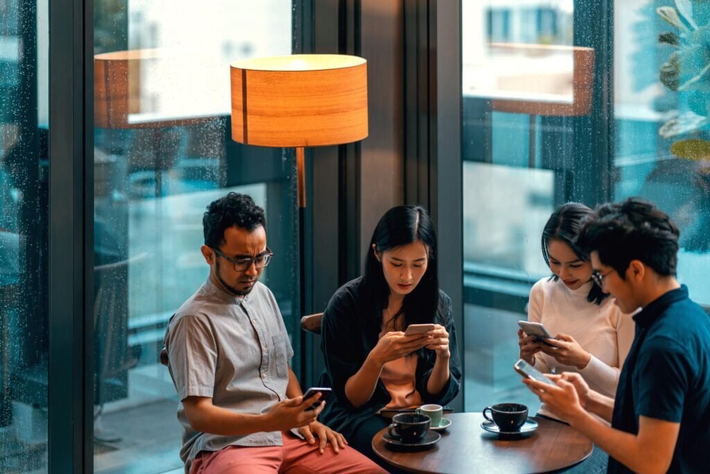 Four diverse individuals in a modern cafe, deeply focused on their smartphones, representing target users for Facebook remarketing campaigns.