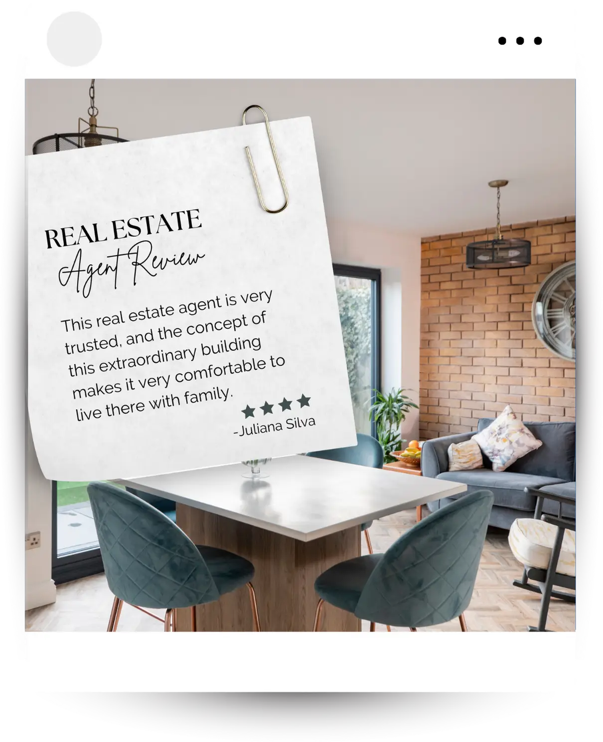 Real Estate Agent Review testimonial with 3 stars, pinned over a modern kitchen and living area. Showcases property marketing success.