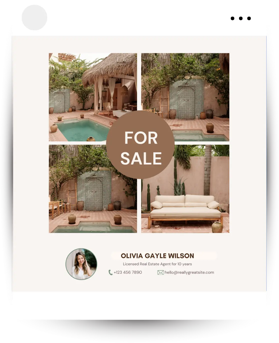 Professional real estate listing for a luxury property with pool, outdoor areas, 'FOR SALE' banner, and agent details.