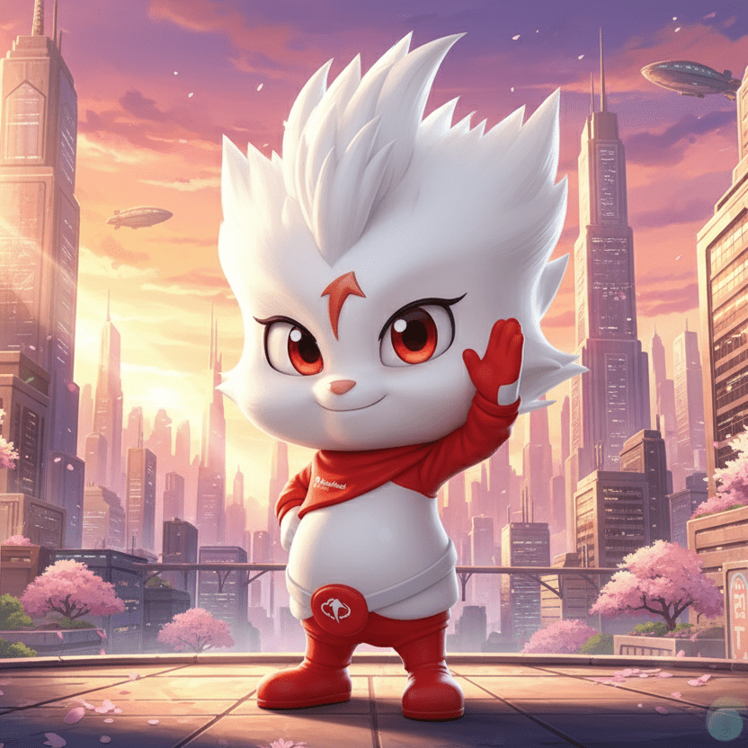 Friendly white cartoon character with spiky hair, red accents, and large eyes waves, welcoming digital marketing news.