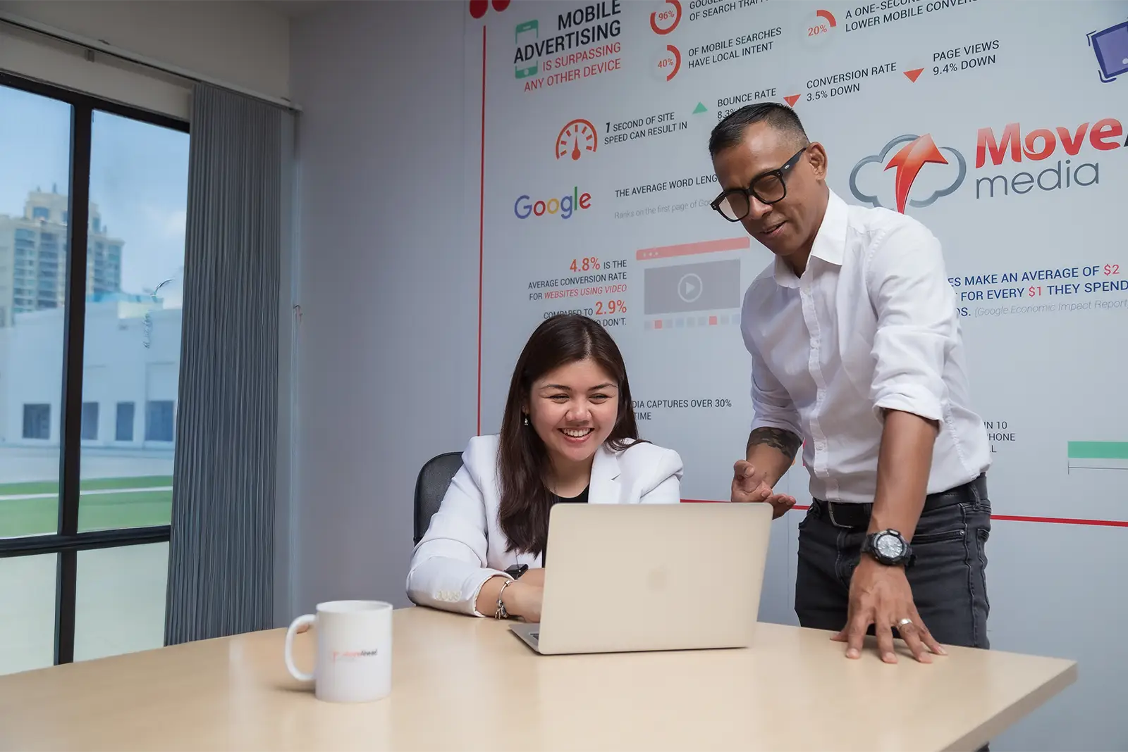 Smiling Move Ahead Media team members collaborate on a laptop, digital marketing stats on wall. Highlights a dynamic work environment.