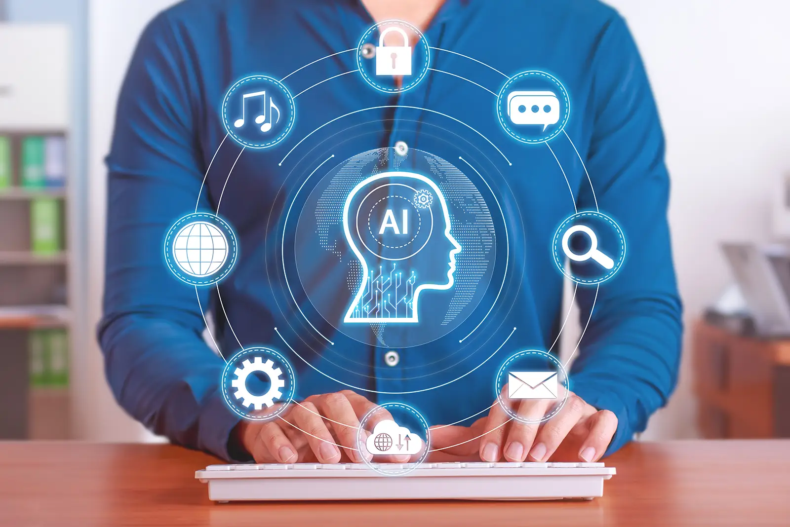 Person typing, interacting with a holographic AI head surrounded by digital icons representing search, security, and global generative engine optimisation.