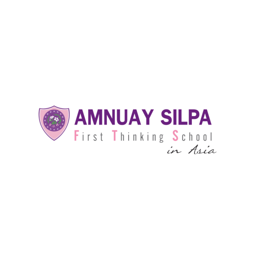 Amnuay Silpa school logo: purple text, pink shield, 'First Thinking School in Asia'. A Move Ahead Media client.
