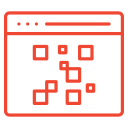 Red icon: browser window with scattered squares, illustrating website elements for CRO and data-driven A/B testing.