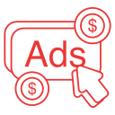 Red icon: "Ads" on a screen with dollar coins and a cursor, representing paid digital advertising campaigns.