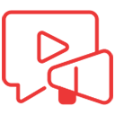 Red icon: play button in a message bubble and a megaphone for YouTube & social paid media campaigns.