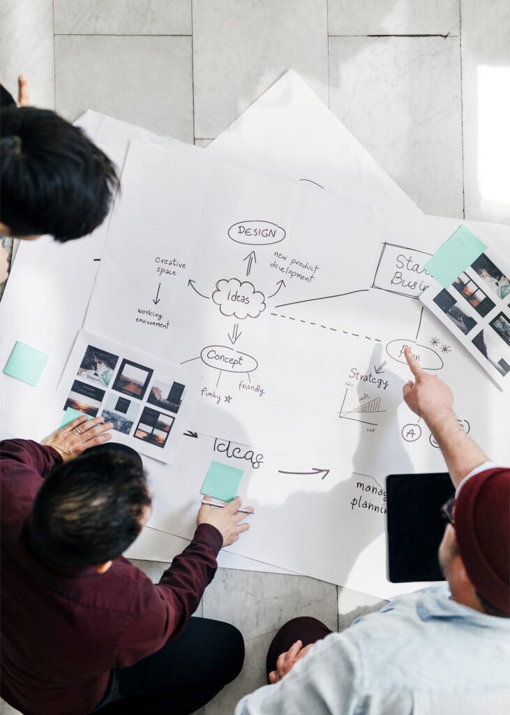 Team brainstorming paid media campaigns, pointing at a flowchart with "Ideas," "Design," and "Plan" for digital advertising strategy.