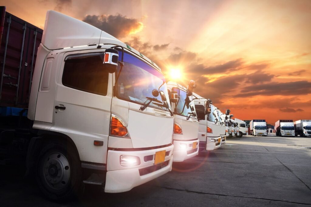 Modern white logistics trucks lined up at sunrise, representing robust Thai supply chain and transport services.