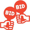 Red 'BID' paddles held by hands, symbolizing real-time bidding for programmatic media buying services.